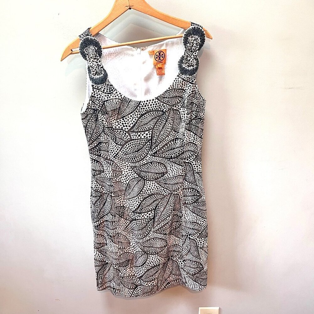 Tory Burch Metallic Black White Gold Leaf Dress- Size 6‎